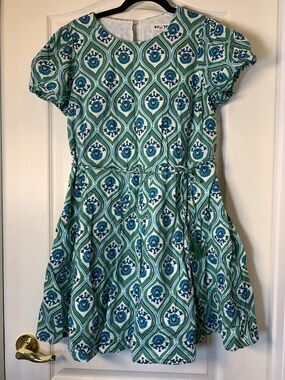Boden Cotton Summer Dress Green Blue Medallion Print Tassel Tie UK16P US12P